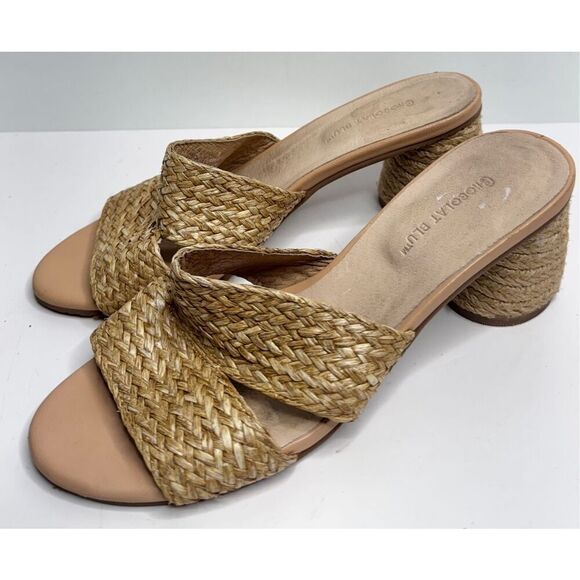 Chocolat Blue Sandals Size 8 Raffia Slide Sandals Block Heel Leather Lining - Picture 5 of 8